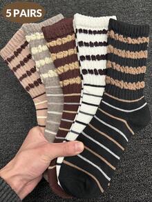 5双装女士宽松袜，秋冬条纹中筒袜，彩虹色复古长袜，宽松袜口不勒腿舒适针织袜，可爱叠穿袜，褶皱袜，冬季保暖袜，荷叶边袜 - 彩色 - 查看 8