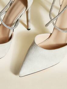 Pointed Toe Thin High Heel Solid Color Hollow Out Rhinestone Strap Beige Women's High Heel Shoes, Sexy & Fashionable For Party Outfit,Mothers Day Gift - Beige - View 5