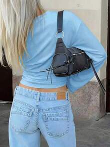 Nueva blusa elegante de manga larga con cuello redondo y volantes de unicolor, adecuada para vacaciones, citas, escuela, viajes y uso diario en primavera - Azul - Ver 2