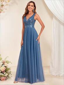 春夏V领无袖刺绣网纱A字型正式伴娘礼服、优雅派对礼服、正式婚礼宾客礼服、毕业典礼礼服、晚礼服 - 霧霾藍 - 查看 10
