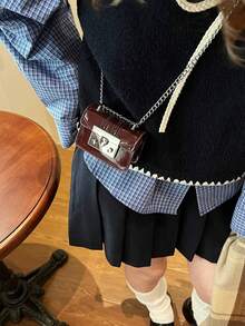 1个手提包新款时尚简约迷你小丑包漂亮珍珠华丽派对日常购物迷你单肩斜挎腋下链条包口红包，适合约会、旅行、玩乐时尚后粉饼包口多用途，时尚小丑迷你斜挎小方包。 - 酒紅色 - 查看 7