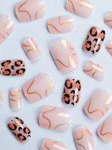24PCS Short Square False Nails Leopard Print Golden Line Nail Art Cute Chrome Alloy Acrylic Press On Nails Gel Nail Art Nail Supplies Nail Art Nail Set (Attached: A Piece Of Jelly Gel And File) Suitable For Women's Daily Dating Party - Multicolor - View 3