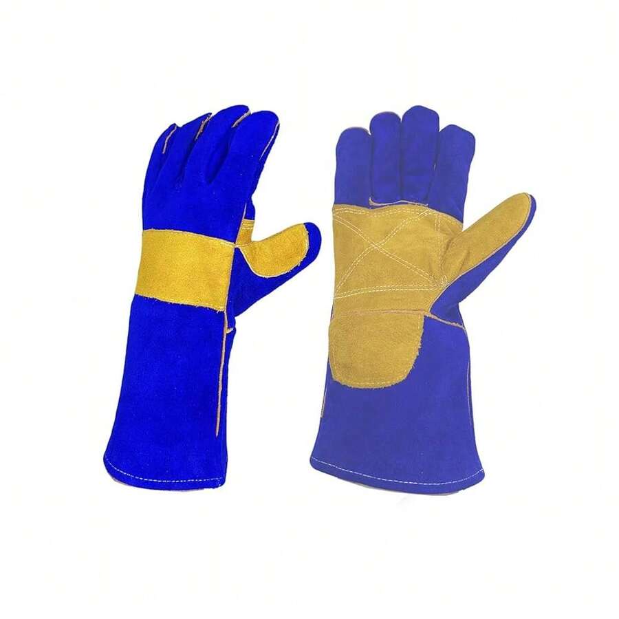Leather MIG Welding Gloves - Heat Fire Resistant For Welding/Grilling/BBQ/Fireplace(Black/Brown/Blue),Blue-Brownpa 1lmed - 藍棕色掌狀 - 查看 1