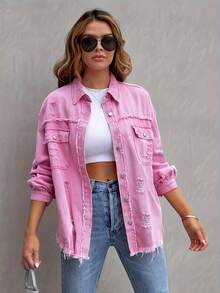 Women's Large-Sized Pink Denim Jacket With Frayed Edges On The Side Pockets Of The Collar For A Retro And Casual Look, Suitable For Daily Wear. Pair It With A Women's Large-Sized Denim Jacket. - 粉色 - 查看 5