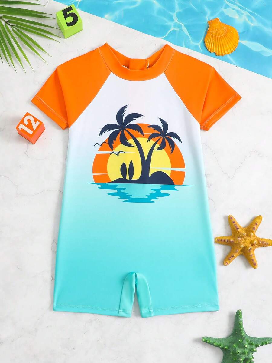 男童圆领椰树印花后拉链连体泳衣，适合度假和海滩穿着 - 彩色 - 查看 1