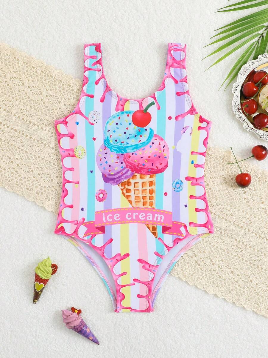 Young Girl Ice Cream Print Tankini Swimsuit - Multicolor - View 1
