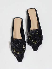 Women's Fashion Faux Flower Slip-On Shoes, Mules, Outdoor Closed Toe Slides, Suitable For All Seasons - Black - View 15