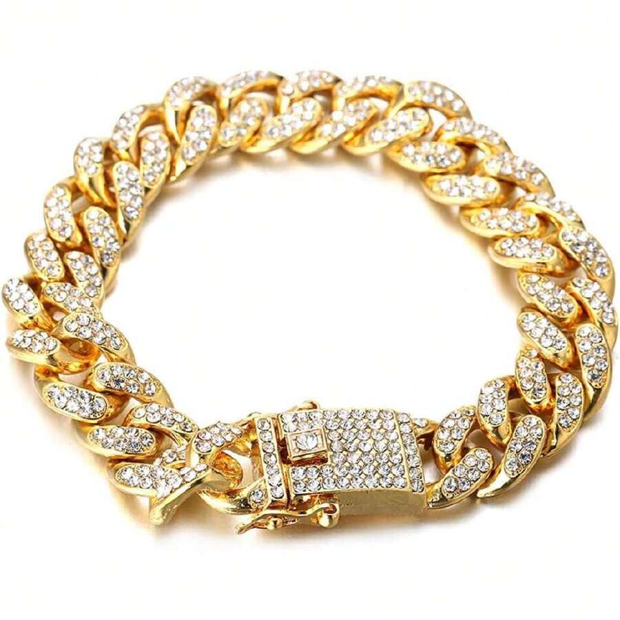 Halukakah - Men's 13mm Miami Style Gold Cuban Link Chain, 18K Plated/Platinum White Gold Finish, Full Set Of Diamond Cut Prongs, 38174494 - 薄荷綠 - 查看 1