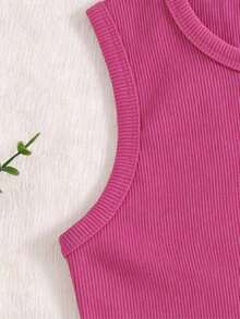 1 pieza Camiseta de niña de cuello redondo de punto acanalado versátil, casual y minimalista, color fucsia - Rosa Fucsia - Ver 3