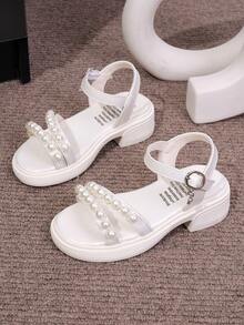 Girls' Pearl Decor Princess High Heel Sandals, New Summer Style - Beige - View 2