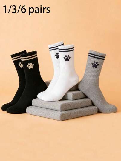 1/3/6 Pairs Cartoon Paw Print Mid-Calf Socks, Unisex Black White Gray Striped Cotton Socks, Breathable Comfortable Casual Socks