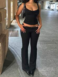 WOWDARK 女士夏季套装，黑色时尚性感修身蕾丝上衣和钩扣喇叭裤套装 - 黑色 - 查看 11