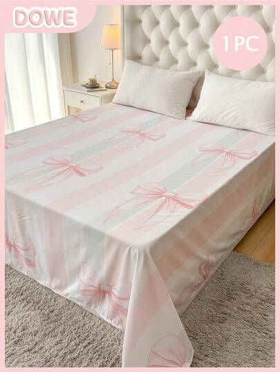 1件装100%轻薄涤纶面料浪漫粉色爱心条纹蝴蝶结印花床单，透气爱情主题床上用品，可爱卧室装饰，适合成人和青少年