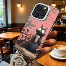 Funda de Teléfono Color Rosa Gato Negro con Estampado de Flores y Taza de Café para iPhone 14 13 12 11 Pro Max y  Galaxy S23 S22 S21 S20 Opción de Regalo Ideal para Todas las Estaciones - Plateado - Ver 6