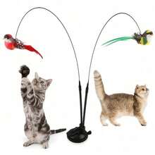 Interactive Cat Toy Set With Realistic Bird Design, Long Pole Double Rods, Bell, Strong Suction Cup, And Artificial Feathers - Handmade Bird Color Random, No Battery Needed, Perfect For All Breeds, Cat Toy Set|Realistic Bird Design|Durable Cat Toy, Cat Toy Set, Without Battery, Flying Bird/Little Bird - D033 - 查看 8