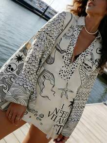 Women's Fashion Casual Beach Vacation Style Mermaid & Star Pattern V-Neck Tassel Shirt And Star Pattern Shorts 2-Piece Set, Spring/Summer - Black and White - View 4