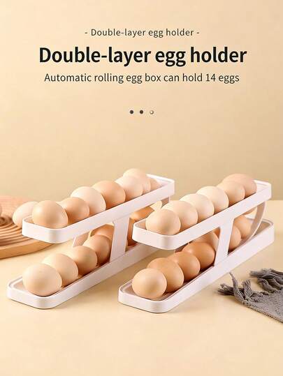1pc 2-Layer Sliding Egg Storage Box, Automatic Egg Roller, Fridge Side Door & Countertop Egg Holder, Kitchen Organizer