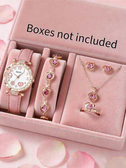 6pcs Pink PU Alloy Firework Heart Design Quartz Watch, Hollow Necklace, Bracelet, Ring, Earring Jewelry Set, Birthday Gift For Kids