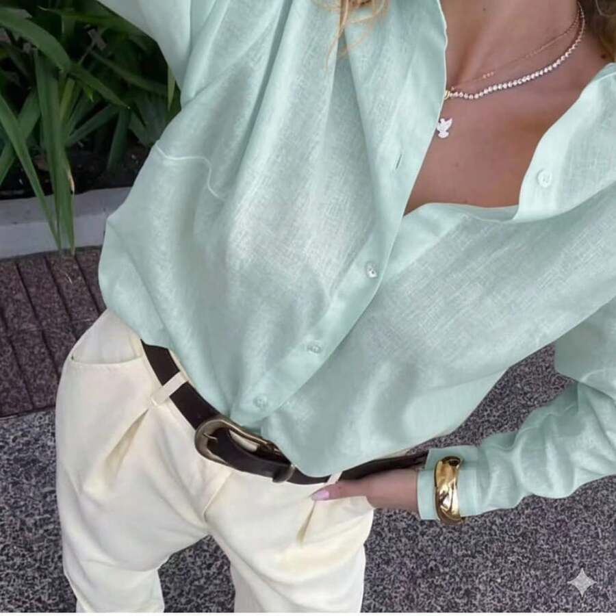 Women's Linen Blouse – Lightweight, Natural And Elegant. Buttons Down The Front. - 薄荷綠 - 查看 1