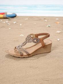 Women's Rhinestone Embellished Wedge Heel Open Toe Sandals, Summer - Camel - View 8