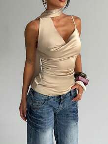 WOWDARK 女士夏季上衣，纯色，时尚性感高领，不对称下摆，缎面吊带休闲衬衫，适合派对、夜生活、情人节、度假、海滩等场合。 - 香檳色 - 查看 3