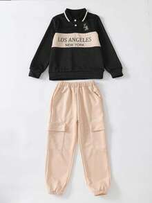 2 件套青少年男孩字母印花拼布 Polo 衫和工装裤套装，长袖，休闲，舒适，厚实，时尚街头风格，适合秋冬季