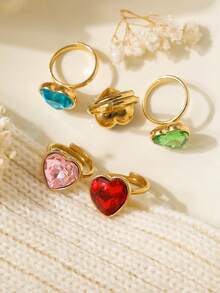 1pc Multi-Color Sparkling Heart Zirconia Stainless Steel Gold Adjustable Ring, Suitable For Girls' Everyday Wear And Parties, Exquisite And Simple Jewelry Gift. - Gold - View 5