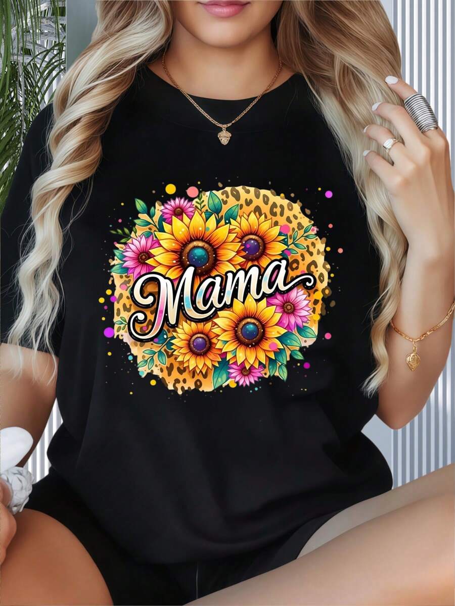 Women's Round-Neck Short-Sleeved T-Shirt With Valentine's Day Fun Print PatternMama Floral Leopard Print T Shirt Women Summer Casual Top Gift For Mom Mother Day OutfitSuitable For Christmas Parties Sports Activities Festival Parties Outings Sports And Other Holiday Gifts (220g). - 白色 - 查看 1