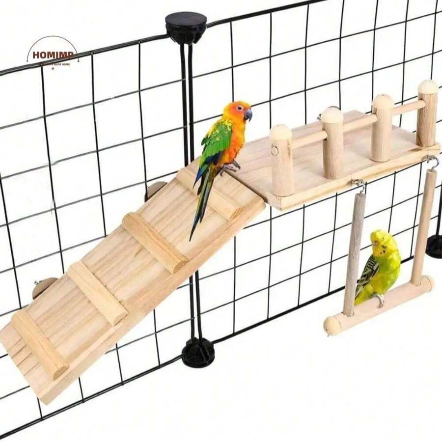 Natural Wooden Bird Perch, Parrot Toy Swing Ladder, Durable Bird Cage Perch, Pet Bird Toy, Cockatiel & Parrot Cage Accessories, Bird Exercise Playground - Beige - View 1