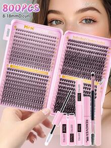 800pcs D-Curl High Capacity Individual Lashes Set, Includes Adhesive, Sealant, Makeup Remover, Lash Brush, Tweezers, Creates Soft Natural Fluffy Segmented False Lashes, Suitable For DIY At Home, Daily Wear, Travel, Photography, Parties, Weddings, 10D, 20D, 30D, 40D, 50D, 60D, 80D, 100D Mixed Styles - Black - View 5
