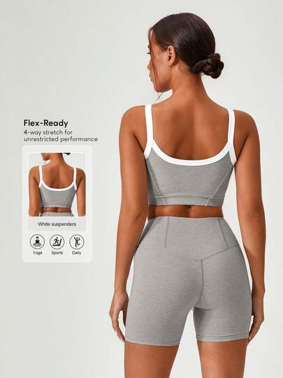 Sodalemon 女士两件套健身套装，撞色加厚瑜伽运动文胸搭配无缝提臀短裤，弹力训练休闲户外运动服