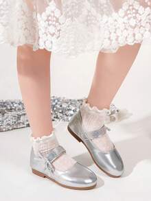 Simple Shiny Elegant Thin Bow Tie Girls' Silver Comfortable Dance Shoes, Suitable For Daily, School, Party, Wedding, Outdoor Gathering, Children's Casual Slip-On Round Toe Patent Leather Flat Shoes - Silver - View 12