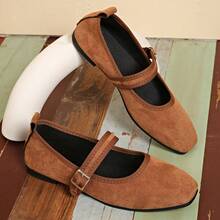 2025 Square Toe Plus Size Ballet Shoes For Women, Mary Jane Soft Bottom Fashion Strap Loafers, Suede Super Versatile Comfortable Buckle Shoes - Brown - View 4