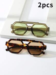 1pc Unisex Square Frame PC Material Glasses, Minimalist Stylish High-End Fashion, Suitable For Travel, Leisure, Party, Beach, Daily Wear - 2-piece Combo Pack (Green Green Tortoiseshell Tea) - View 3