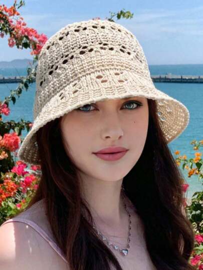 1顶女士纯色编织草帽，镂空透气遮阳帽，简约时尚沙滩防晒帽，适合沙滩活动