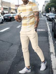 男士时尚印花圆领短袖T恤和裤子套装 - 彩色 - 查看 1