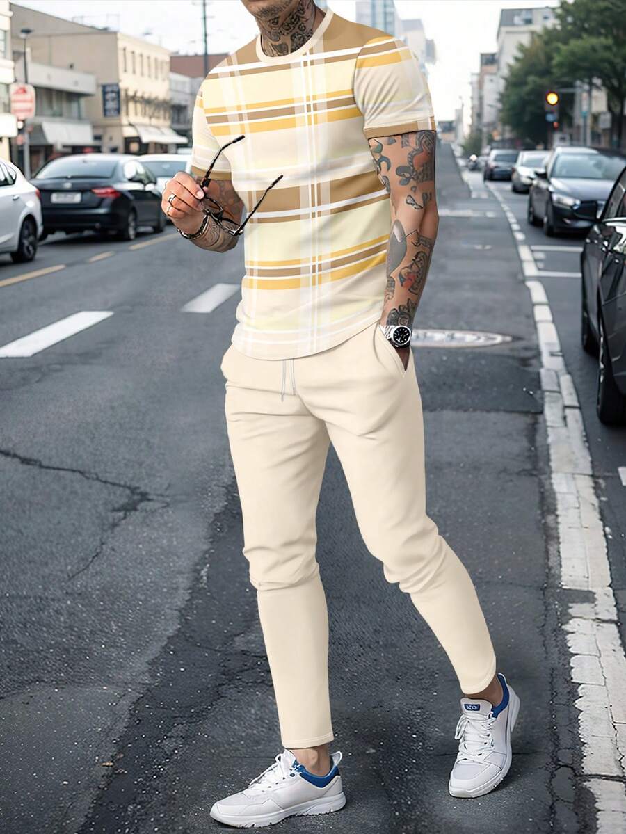 男士时尚印花圆领短袖T恤和裤子套装 - 彩色 - 查看 1