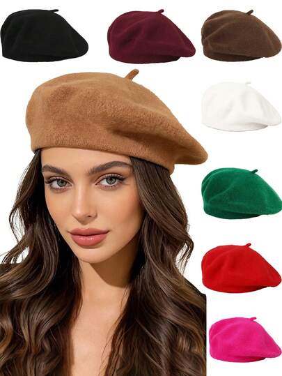 1 pieza/2 piezas Boina de lana de unicolor para mujer, Gorro clásico de estilo francés de unicolor, Adecuado para uso casual y de fiesta