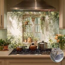 2D平面设计——简约风格，一面窗台绿植环绕，垂蔓藤蔓营造出宁静的乡村生活氛围。这款厨房墙贴易于粘贴，采用优质PVC材料制成。是家居装饰和现代厨房的理想之选。 - 彩色 - 查看 3