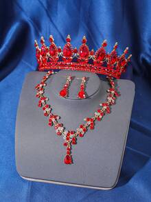 4 Stücke Luxus Königin Krone Halskette Ohrringe Haarschmuck Set, Braut Hochzeit Haarschmuck, Damen Formelle Veranstaltung Party Tiara Haar Schmuck - mehrfarbig - Übersicht 18