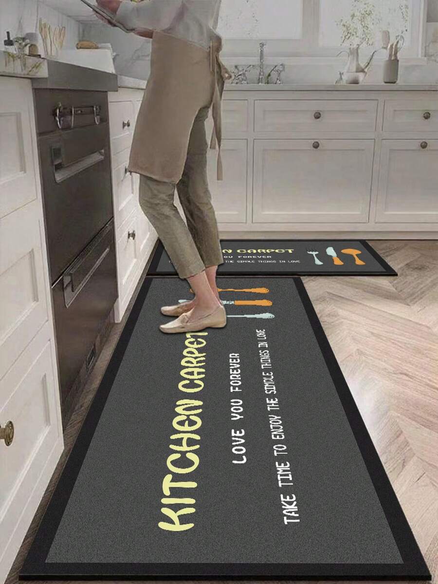 1 Set de Alfombra de Cocina y Utensilios de Gel de Sílice, con Colores Azul Suave y Naranja, Texto Decorativo "ALFOMBRA DE COCINA", Alfombra de Cocina de Lujo y de Moda, Acolchada Anti-Fatiga, Tela Superficial, Esponja Absorbente en el Medio, Goma Antideslizante en la Parte Inferior - Multicolor - Ver 1