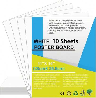 10Pcs Poster Board White Poster Paper Bulk 11" X 14", ROOKEA 250Gsm Thickness Vision Boards Smart Poster Board For School Arts Craft Projects Presentations Drawing Scrapbooking Blank Graphic Display
