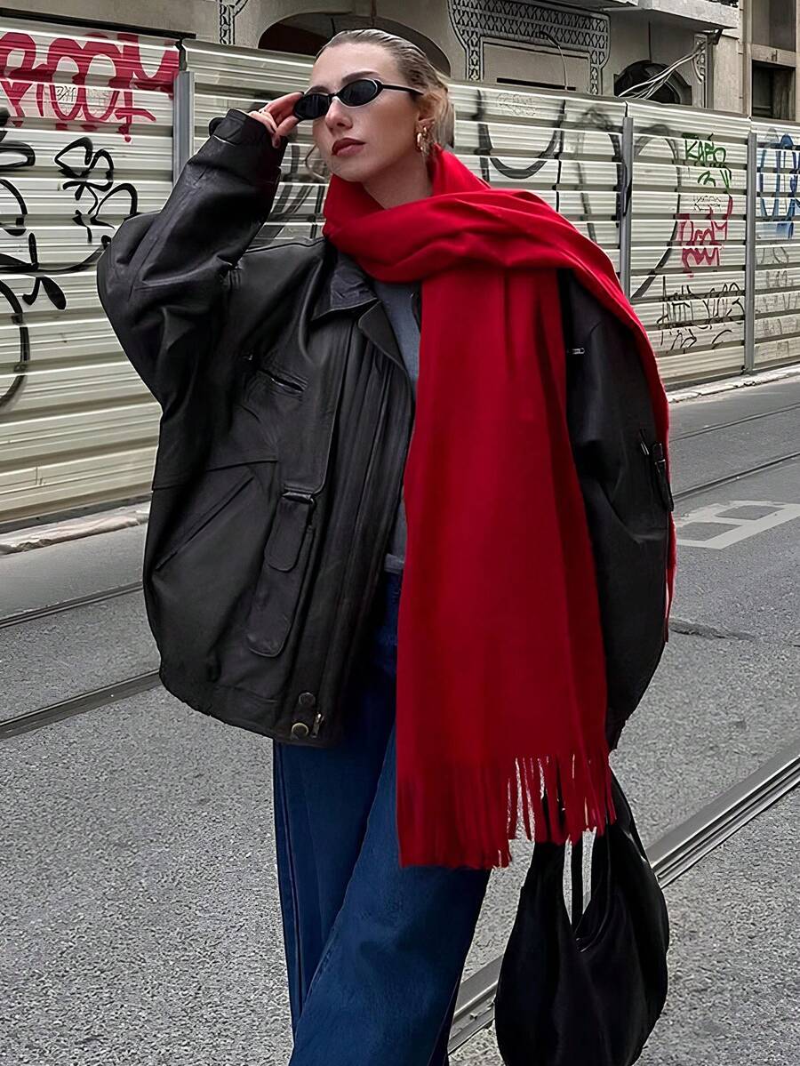 1pc 35*180cm High-Quality Elegant Solid Color Tassel Wool Scarf For Women, Casual Windproof Shawl Suitable For Daily Wear, Autumn/Winter,Beach,Holiday,Travel Essential