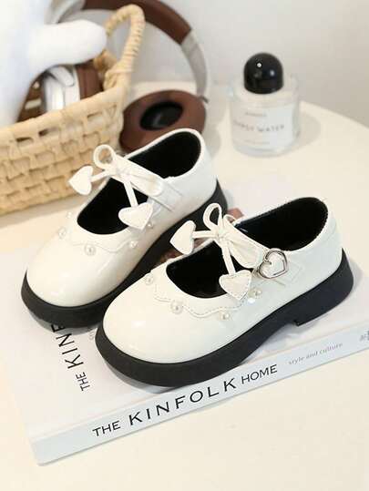 1 Pair Cute Pearl Bow Decor Children Shoes, Comfortable Lightweight Non-Slip Girls Leather Shoes