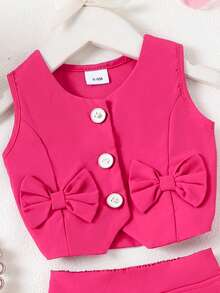 2件套女婴迷人短款开衫上衣+半裙套装，春夏款 - 玫紅色 - 查看 3