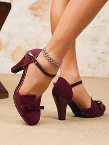 Sapatos de Salto Alto Femininos com Decoração de Laço, Design de Corte em V, Vazado, Cinta no Tornozelo, Plataforma, Veludo Bordô, Sapatos para Festa/Casamento, Sandálias de Salto Alto Bordô Vazadas, Saltos Altos Bordô - Vinho - Visão 2