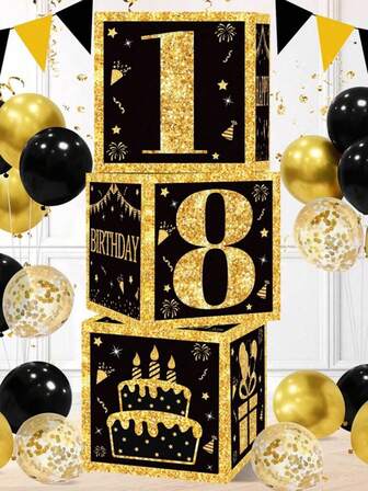3 piezas Caja decorativa de fondo para fiesta de cumpleaños de 27 cm en negro y dorado, decoración de pared para fiesta de cumpleaños de adultos de 18 años, suministros de decoración, caja con globos en negro y dorado