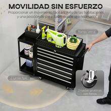 HOMCOM Carro de Herramientas con 7 Cajones, Carro de Taller con Estantería de 3 Niveles Desmontable, Sistema de Cierre Central, Asa, 2 Ruedas con Freno de Bloqueo - Negro - Ver 6