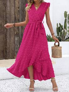 Women Summer Maxi Dress Swiss Dot V Neck Ruffle Cap Sleeve Tie Waist Wrap Ruffle Split Hem Long Dress Bohemia Boho Beach Holiday Vacation Valentine Flowy Long Midi Dress Outfits - 玫紅色 - 查看 3