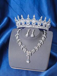 4 Stücke Luxus Königin Krone Halskette Ohrringe Haarschmuck Set, Braut Hochzeit Haarschmuck, Damen Formelle Veranstaltung Party Tiara Haar Schmuck - mehrfarbig - Übersicht 17